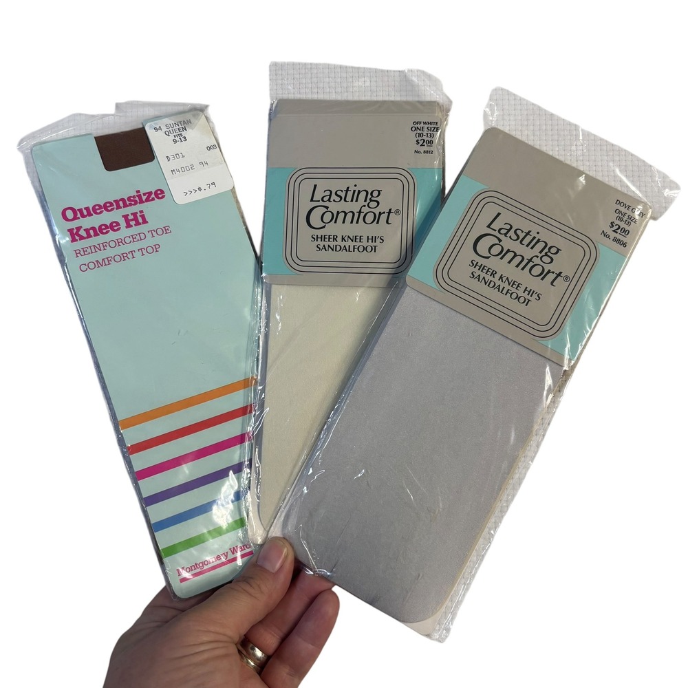 Montgomery Ward Lasting Comfort Knee High Hosiery 3 Pairs‎ NIP Suntan Grey VTG
